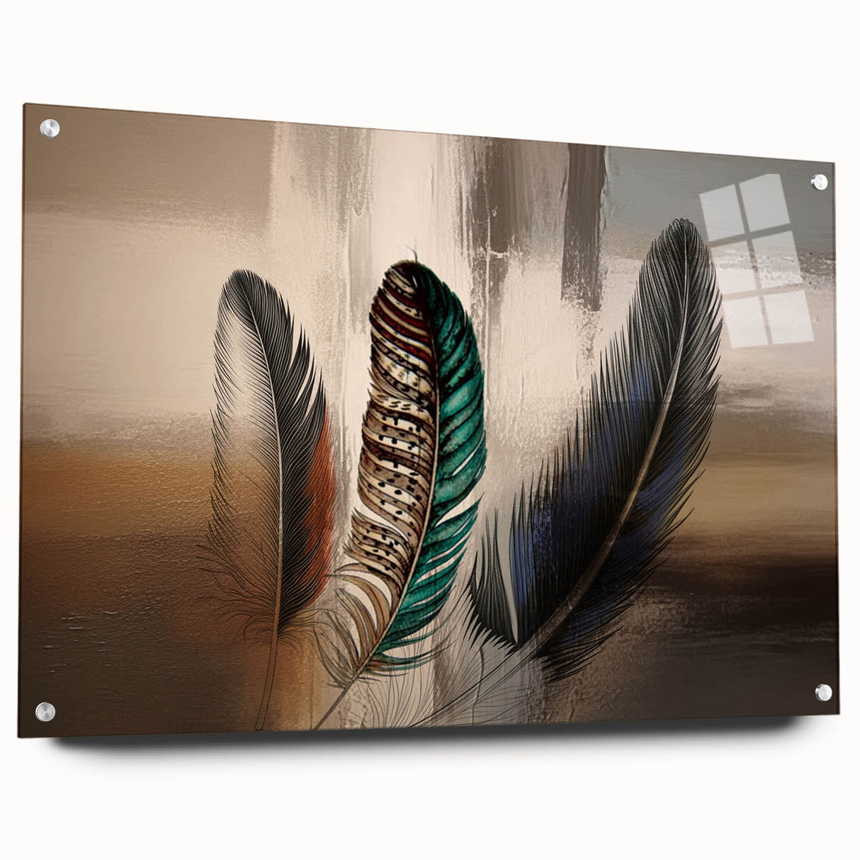 Abstract wall art featuring strokes and lines in vibrant colors, displayed in a sleek acrylic frame with pins, perfect for modern decor. Ideal for enhancing contemporary spaces.