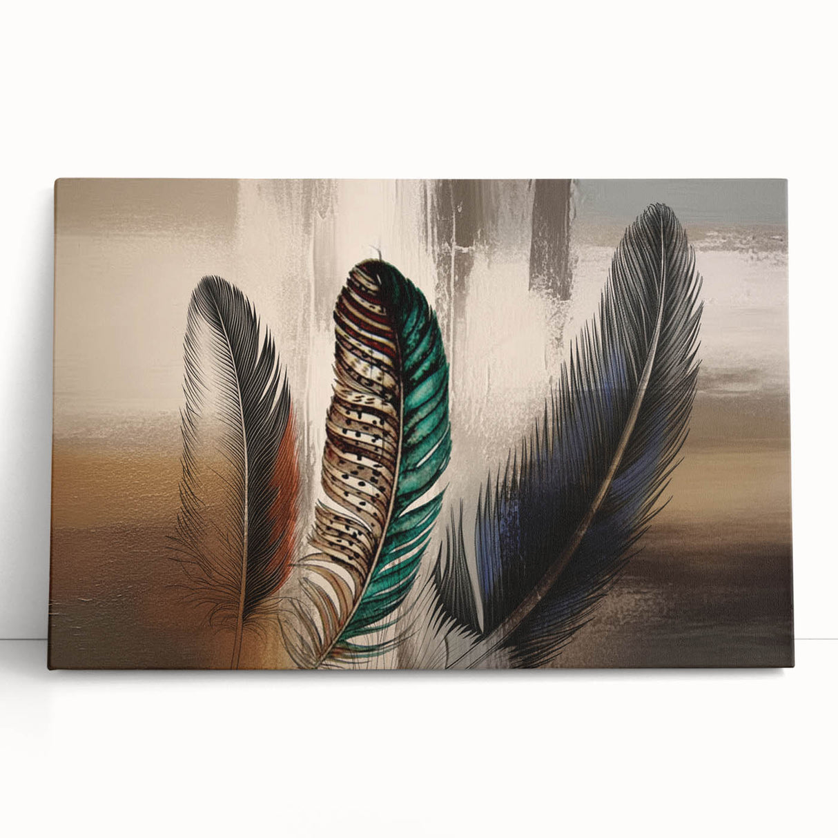 Abstract strokes and lines in vibrant colors create a modern wall art design on stretched canvas, leaning against a neutral wall, perfect for contemporary decor.