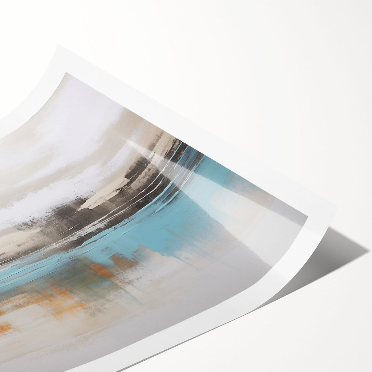 Abstract wall art print showcasing bold strokes and lines in a vibrant color palette of blue, orange, and yellow, ideal for modern home decor or gallery display.