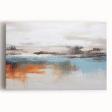 Abstract wall art design featuring vibrant strokes and lines in shades of blue, orange, and gold, printed on stretched canvas for modern decor. Ideal for enhancing contemporary interiors with a stylish artistic touch.