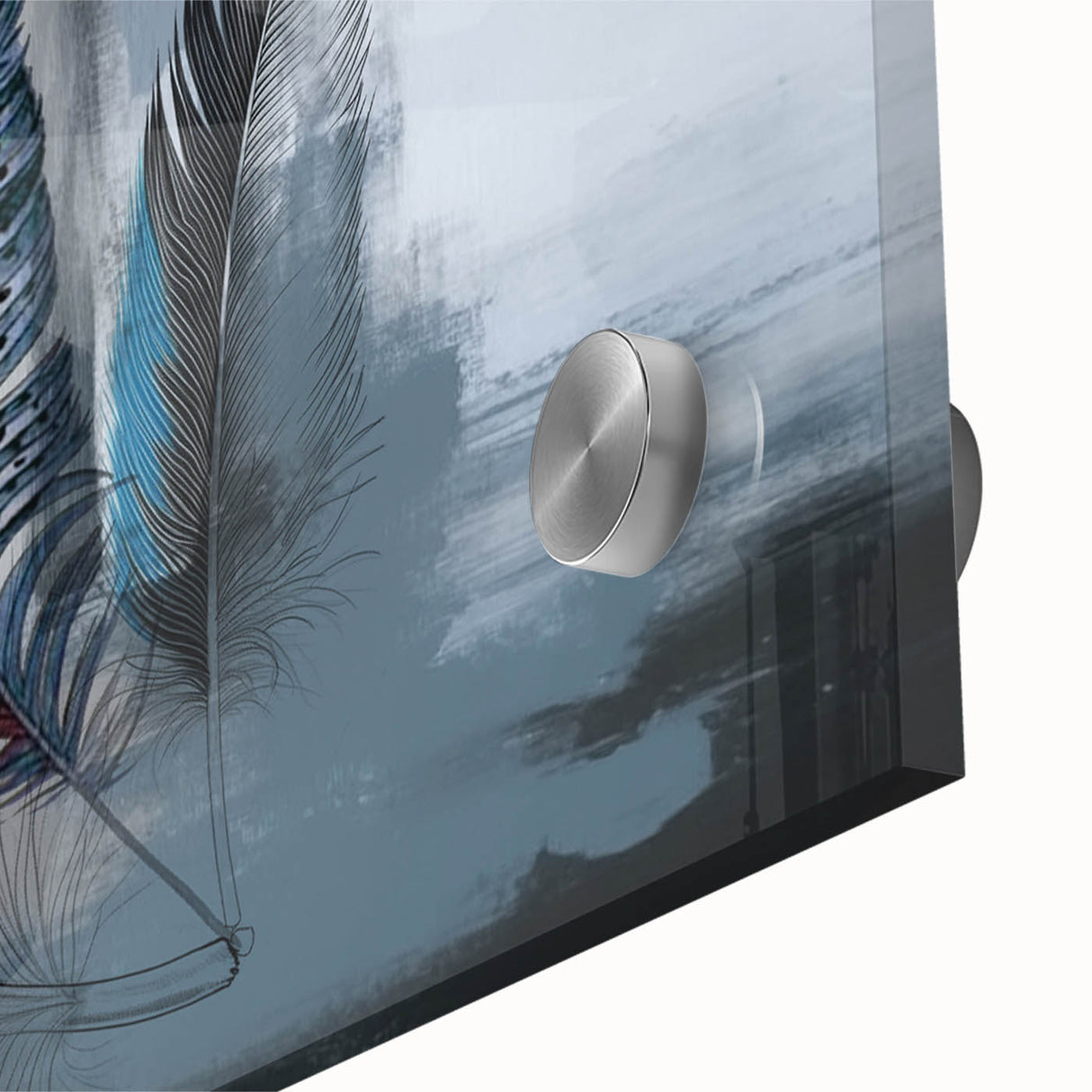 Close-up of an abstract wall art design featuring vibrant strokes and lines in bold colors, printed on acrylic glass, showcasing modern artistic flair and texture.