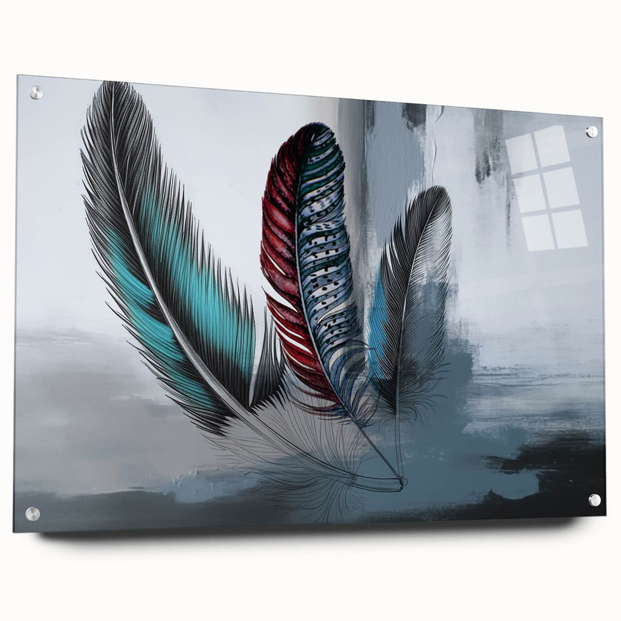 Abstract wall art featuring colorful strokes and lines, displayed in a side view with acrylic glass, showcasing its modern design and elegant finish. Perfect for contemporary home decor, this piece adds a vibrant touch to any space.