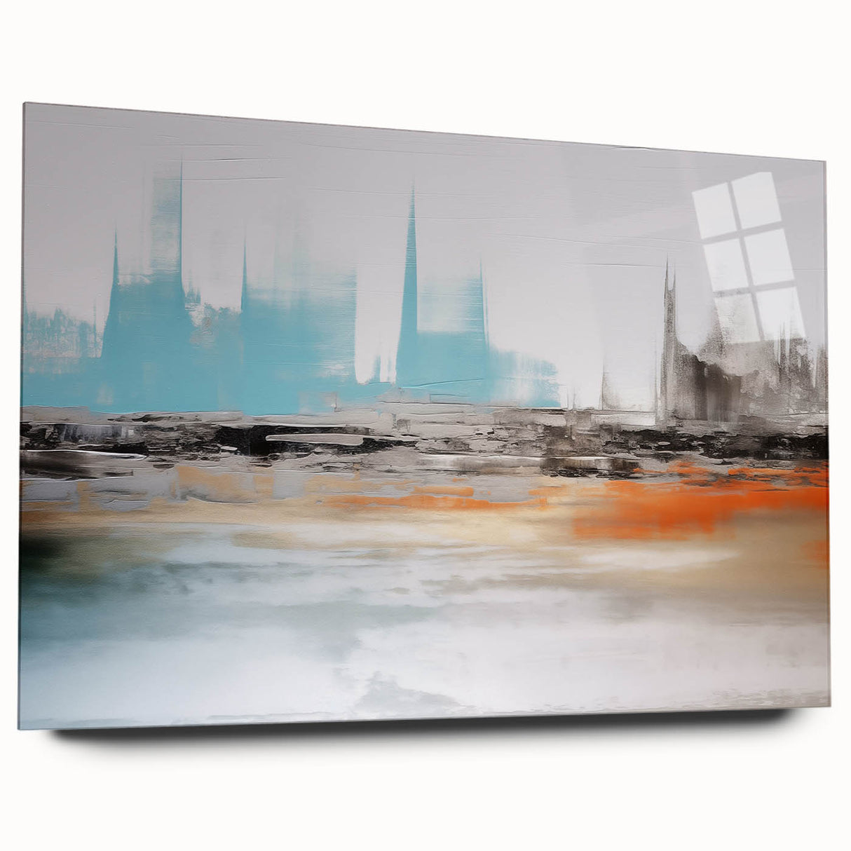 Abstract wall art featuring dynamic strokes and lines in vibrant colors, displayed in a modern acrylic frame with a side view, perfect for contemporary decor.