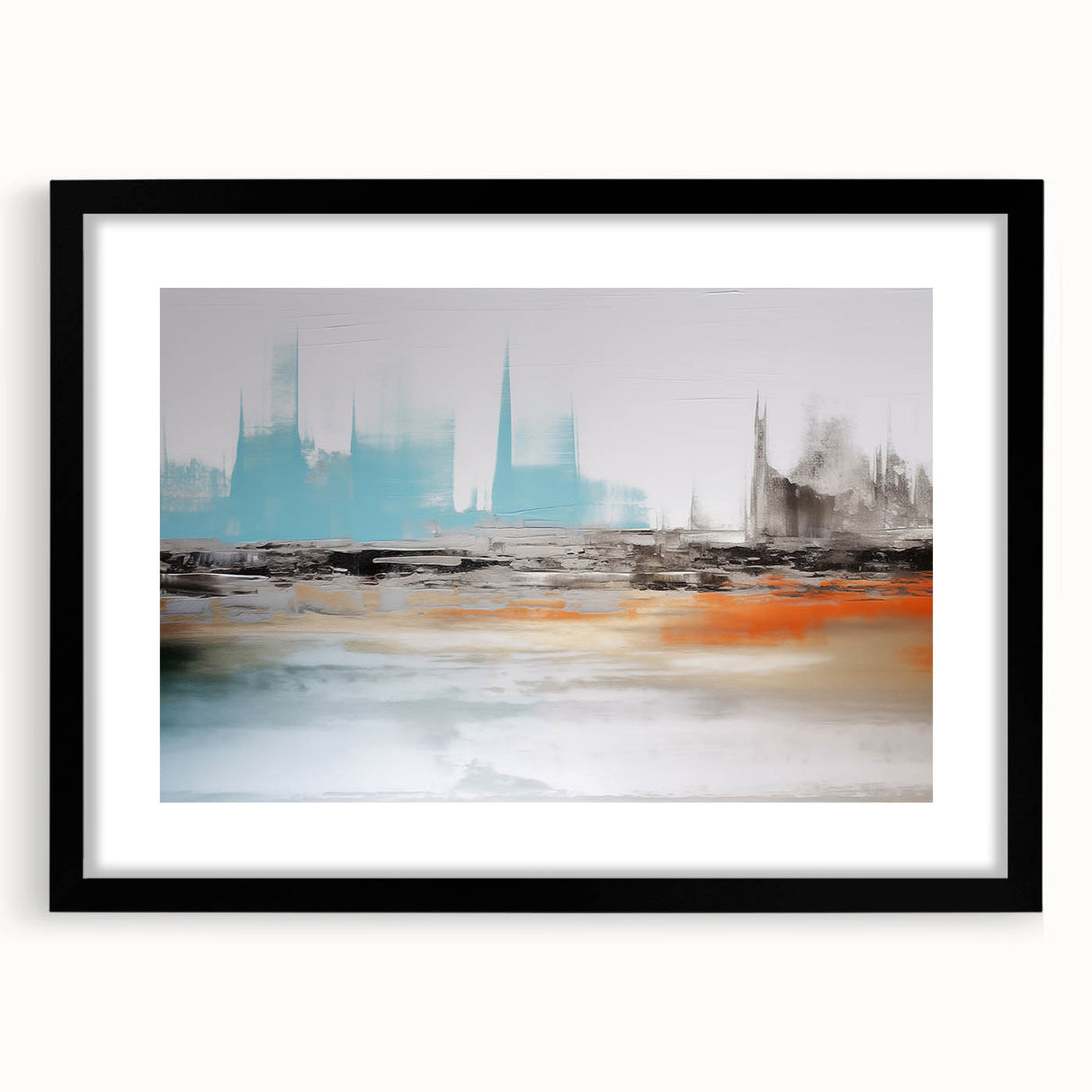 Abstract wall art featuring bold strokes and lines in a modern design, framed with a black mat and showcasing a sleek front view, perfect for contemporary decor.