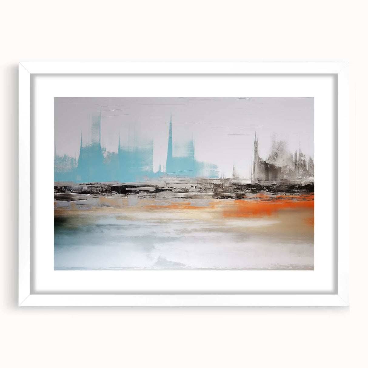 Abstract wall art featuring a modern design of colorful strokes and lines, framed with a white mat, perfect for contemporary home decor and artistic spaces.