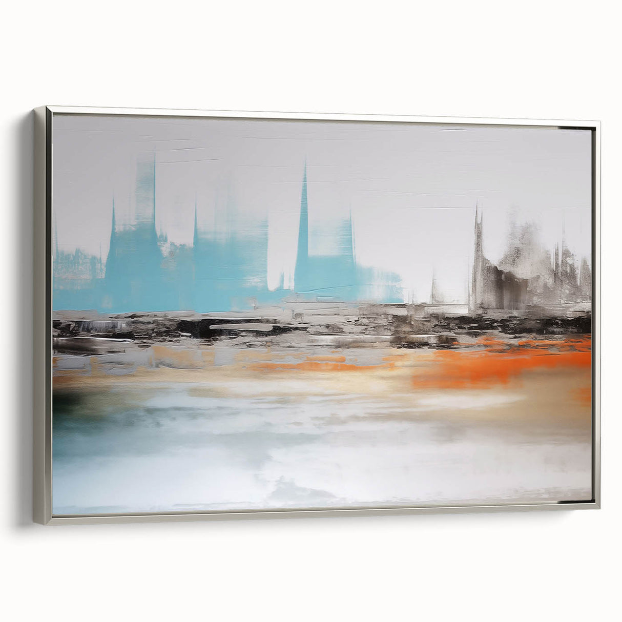 Framed canvas wall art showcasing an abstract design with strokes and lines in silver tones, highlighting a modern aesthetic ideal for contemporary interiors.