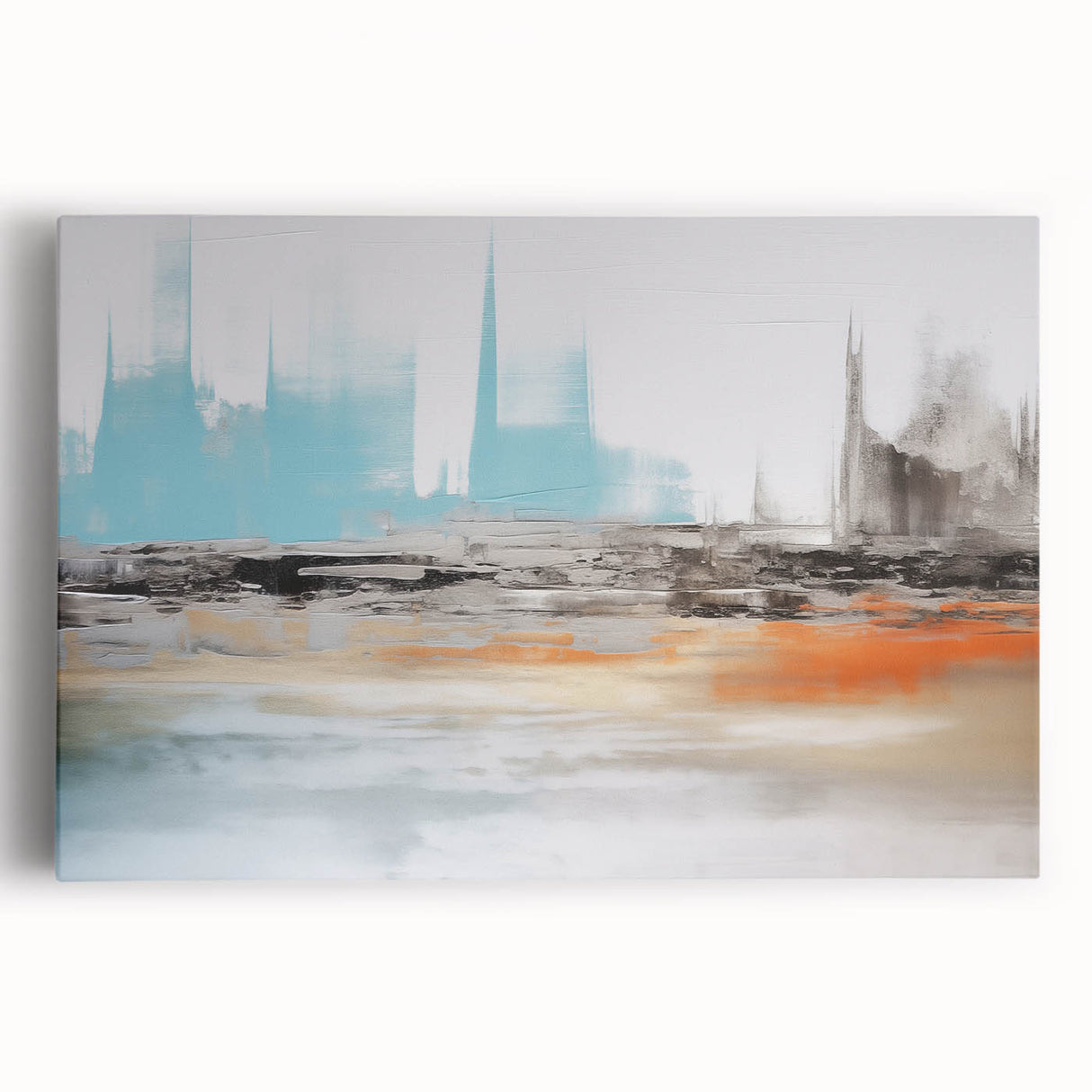 Abstract wall art featuring vibrant strokes and lines in shades of blue, gold, and white, designed for modern decor, displayed in a stretched canvas format.