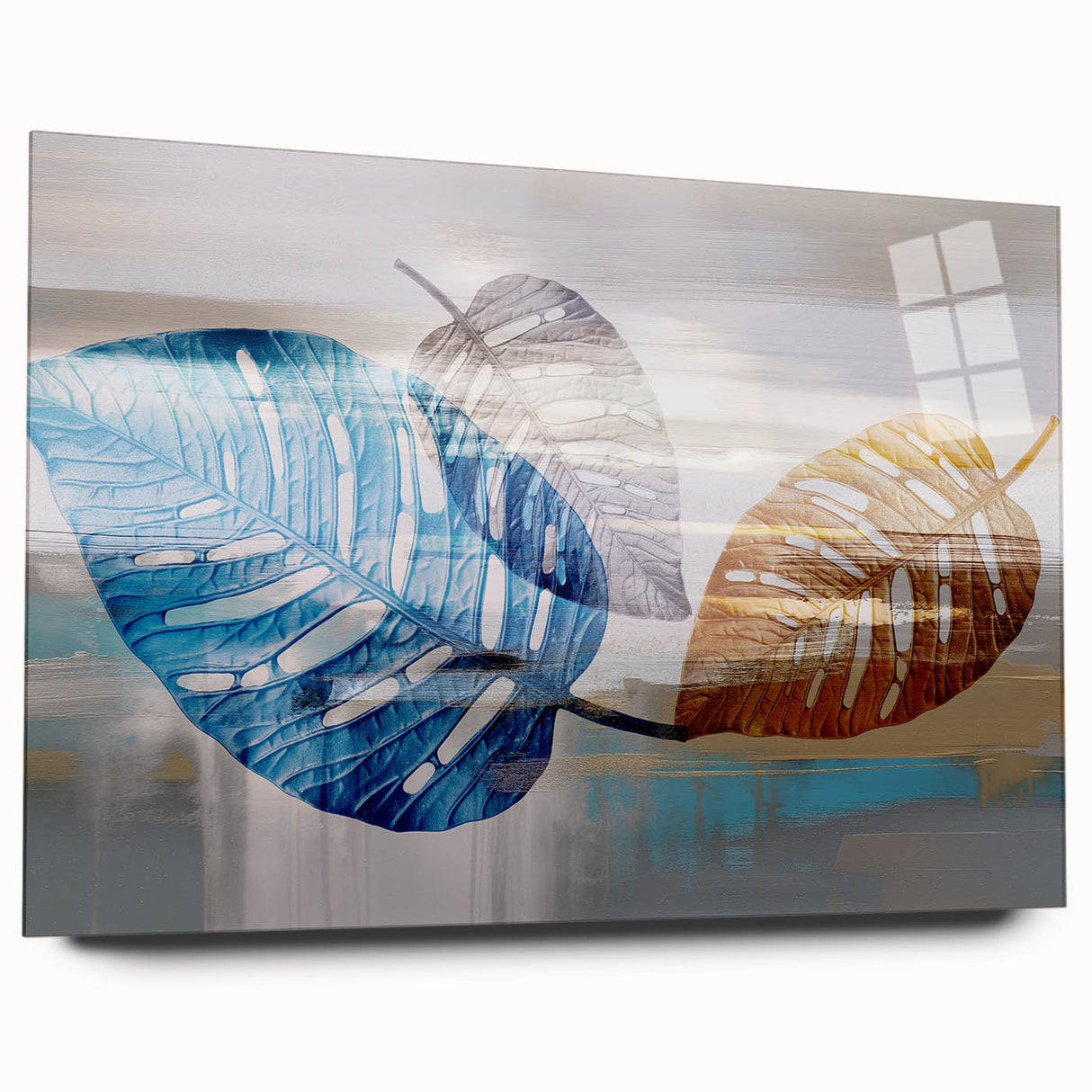Acrylic glass wall art showcasing an abstract design of colorful strokes and lines, viewed from the side, emphasizing its sleek profile and modern aesthetic. Ideal for contemporary decor.