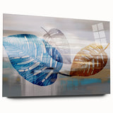 Acrylic glass wall art showcasing an abstract design of colorful strokes and lines, viewed from the side, emphasizing its sleek profile and modern aesthetic. Ideal for contemporary decor.