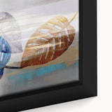 Close-up of a framed canvas wall art featuring an abstract design with colorful strokes and lines, ideal for modern home decor, adding artistic flair to any space.