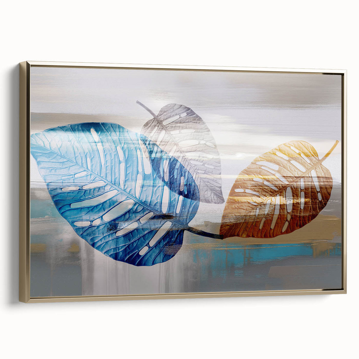 Framed canvas wall art showcasing an abstract design with gold strokes and lines, elegantly displayed from a side view, perfect for modern home decor.