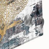 Abstract wall art design featuring vibrant strokes and lines in a mix of blues, oranges, and yellows, showcasing modern aesthetics on acrylic glass, perfect for contemporary decor.