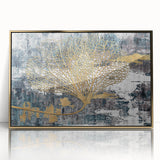 Abstract strokes and lines in a contemporary design showcased in a framed acrylic wall art piece with a gold finish, perfect for modern decor.