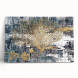 Abstract wall art featuring bold strokes and lines in vibrant colors, designed on stretched canvas, leaning against a wall to showcase modern decor style.