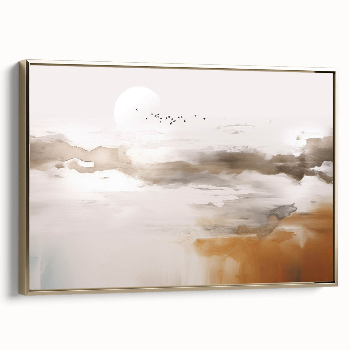 Abstract wall art featuring dynamic strokes and lines in gold and neutral tones, framed for a stylish finish, perfect for modern home decor.
