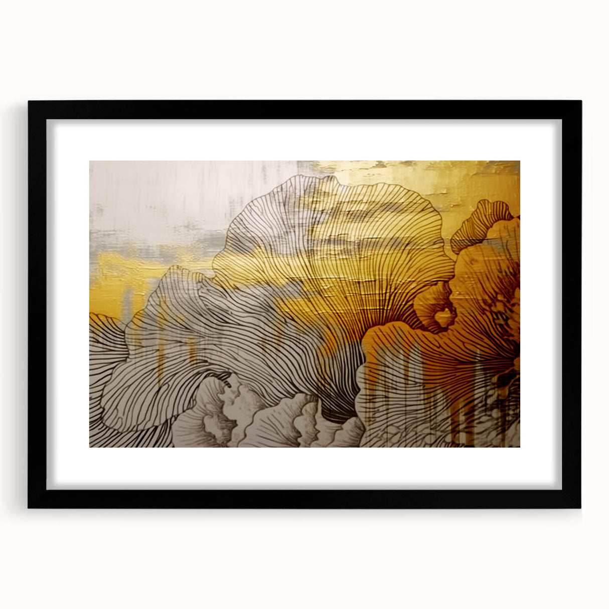 Framed wall art featuring an abstract design of colorful strokes and lines, presented in a sleek black frame with a mat, perfect for modern decor.