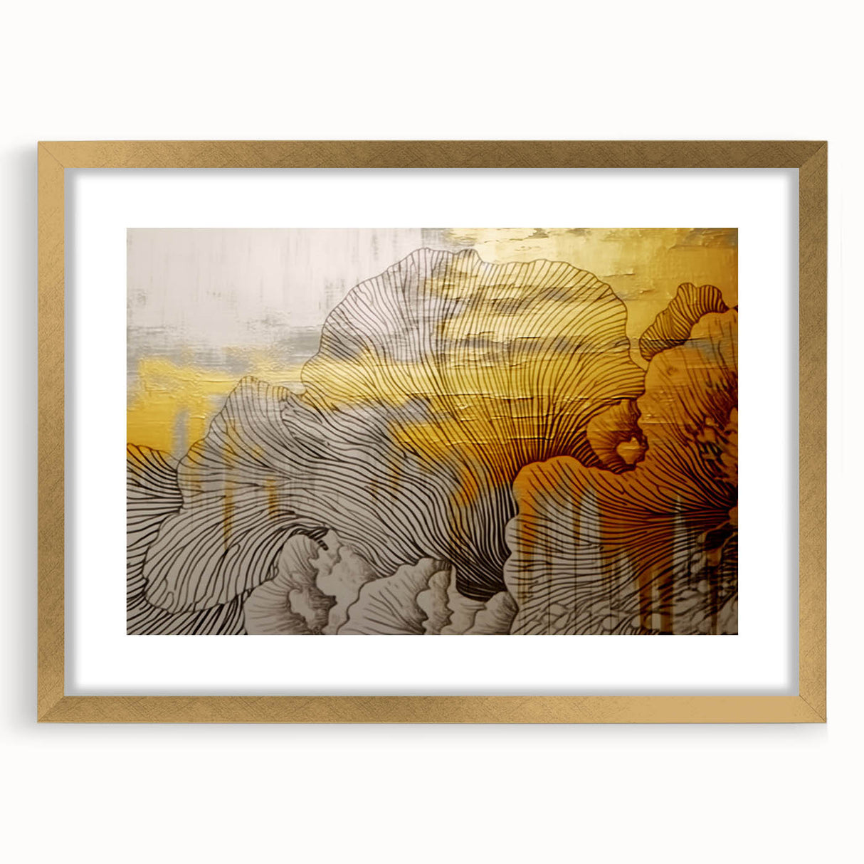 Abstract strokes and lines design wall art print in a gold frame with matting, showcasing modern elegance and sophistication, perfect for contemporary decor.