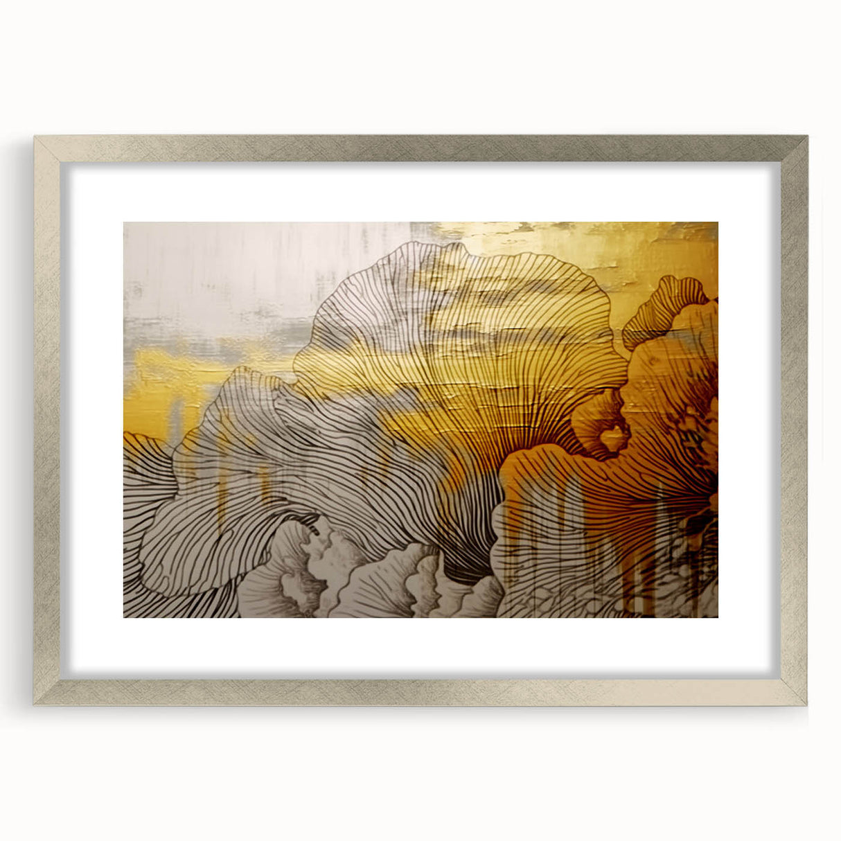 Abstract strokes and lines wall art design in a silver frame with matting, showcasing a modern aesthetic suitable for contemporary home decor. The artwork features a blend of earthy tones and dynamic shapes that enhance any living space.