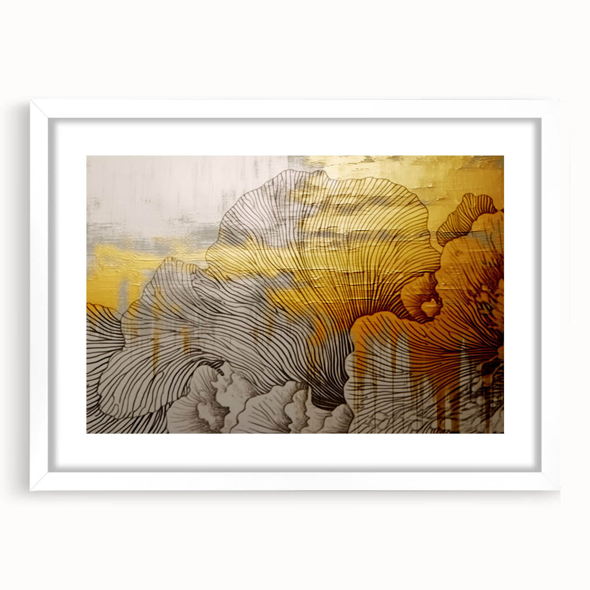 Abstract strokes and lines design in a modern framed wall art piece, featuring a white mat and sleek frame, perfect for contemporary home decor.