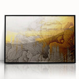 Framed wall art featuring an abstract design with bold strokes and lines in black and white, set in a sleek acrylic frame, ideal for modern decor.