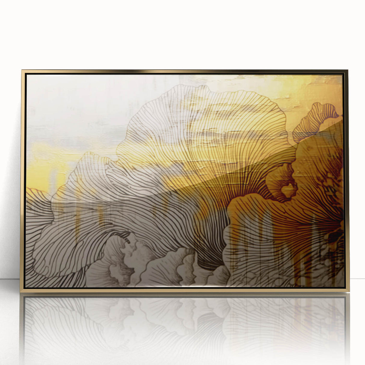 Framed wall art featuring an abstract design with gold strokes and lines on a textured background, perfect for modern home decor. Ideal for stylish interior enhancement.