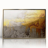 Framed wall art featuring an abstract design with gold strokes and lines on a textured background, perfect for modern home decor. Ideal for stylish interior enhancement.