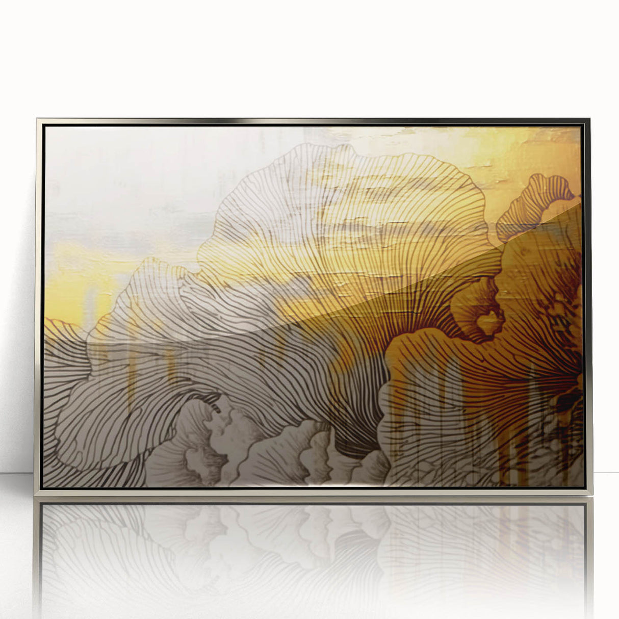 Framed acrylic wall art featuring an abstract design of strokes and lines in silver tones, ideal for modern home decor, showcasing a sleek and elegant aesthetic.