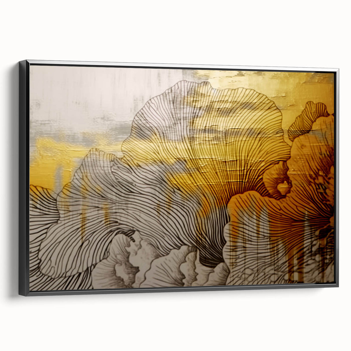 Framed canvas wall art showcasing abstract strokes and lines design in black, displaying a modern aesthetic with a sleek side view, perfect for contemporary decor.