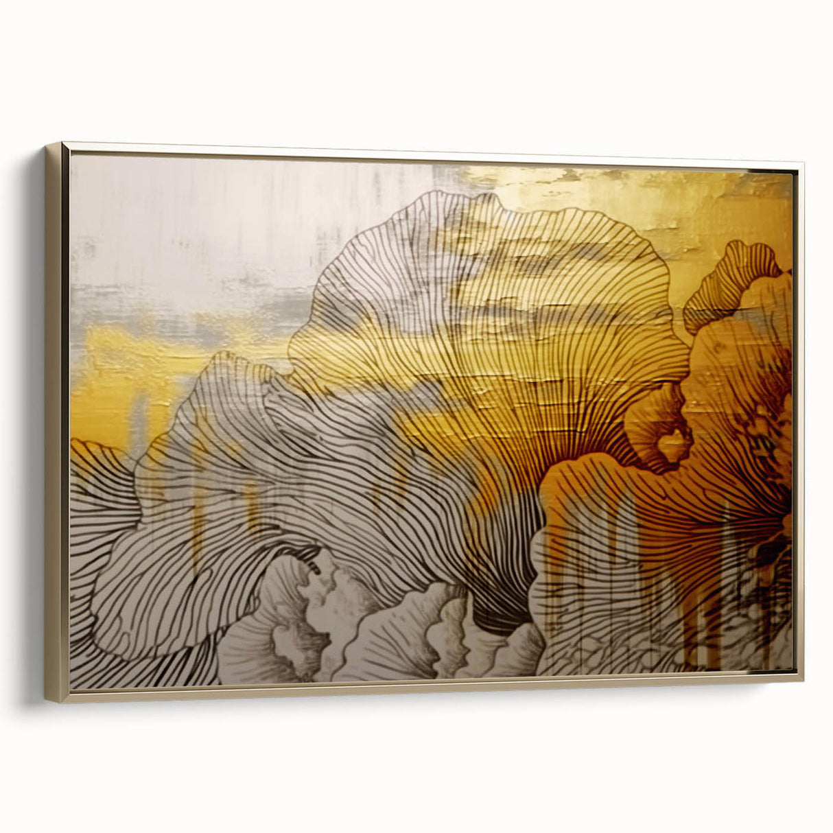 Framed canvas wall art featuring an abstract design of gold strokes and lines, showcasing a modern aesthetic perfect for home decor, viewed from the side.