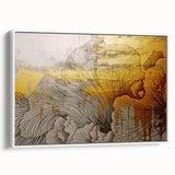 Framed canvas artwork showcasing an abstract design with vibrant strokes and lines, featuring a white background. Perfect for modern home decor enhancement.