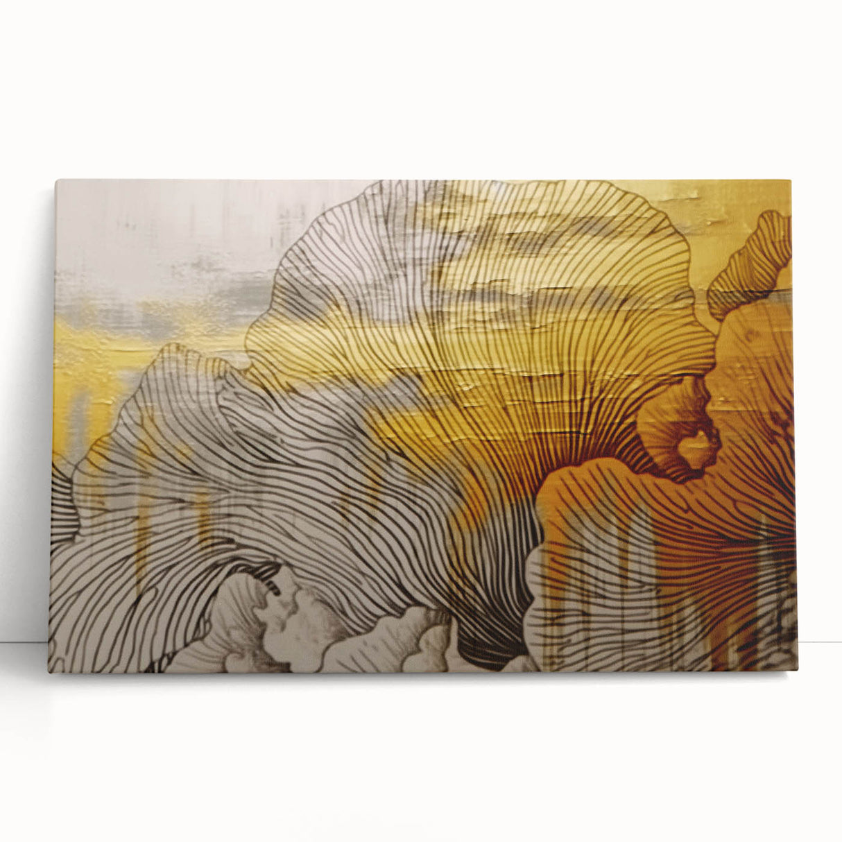 Abstract wall art featuring vibrant strokes and lines in shades of blue, orange, and yellow, designed for modern decor. This stretched canvas piece leans against a neutral background, adding a dynamic touch to any interior space.