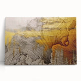 Abstract wall art featuring vibrant strokes and lines in shades of blue, orange, and yellow, designed for modern decor. This stretched canvas piece leans against a neutral background, adding a dynamic touch to any interior space.