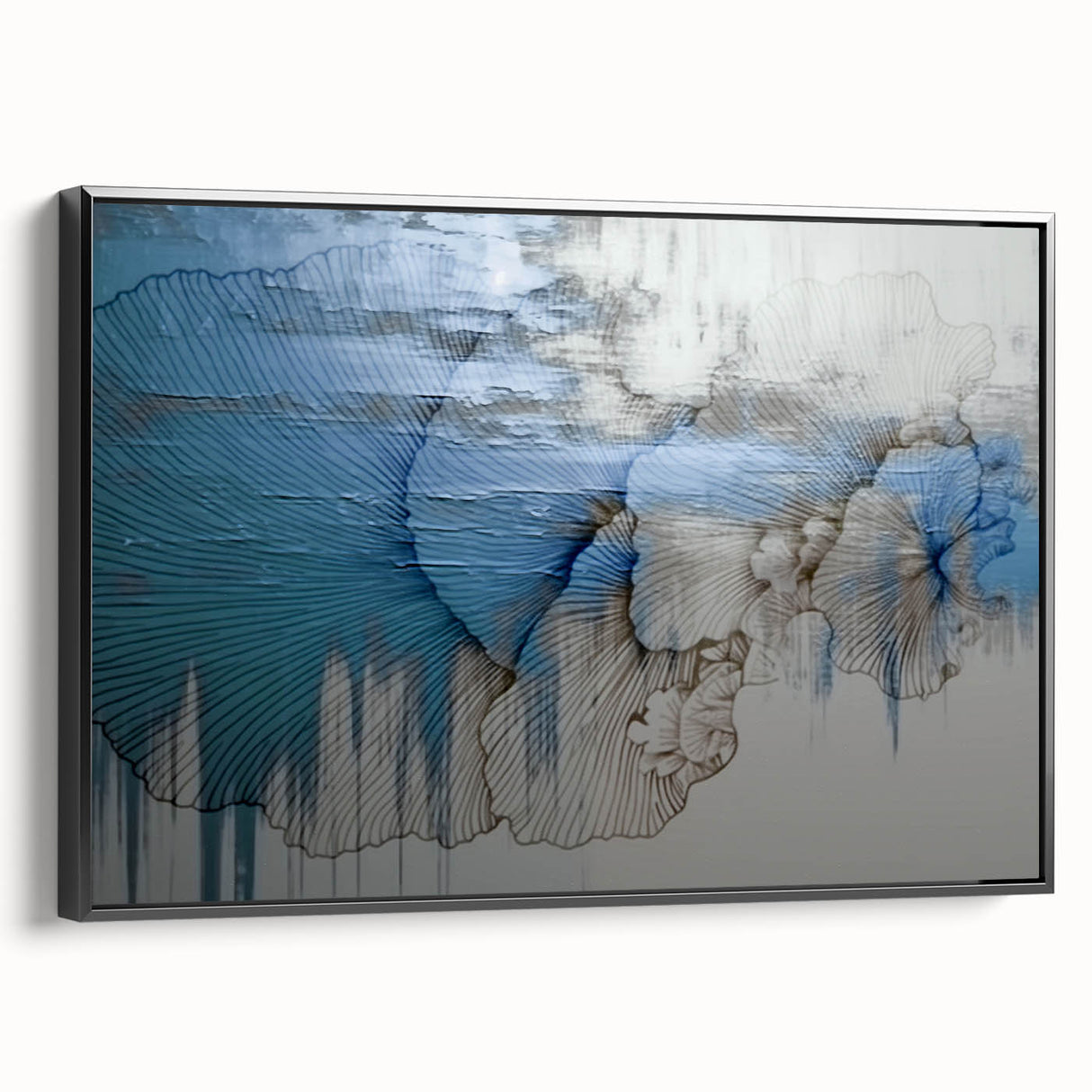 Framed canvas wall art featuring an abstract design of colorful strokes and lines, set against a black background, viewed from the side. Perfect for modern home decor.
