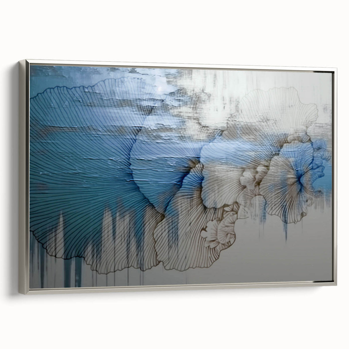 Framed canvas wall art showcasing an abstract design of strokes and lines in elegant silver tones, perfect for modern home décor. Ideal for enhancing living spaces with contemporary style.