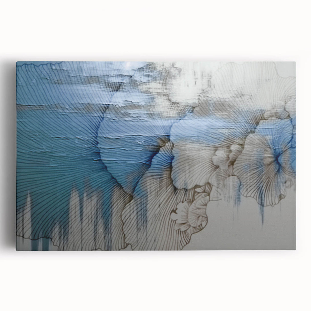 Abstract wall art featuring vibrant strokes and lines in a mix of blues, greens, and golds, printed on stretched canvas, ideal for modern home décor.