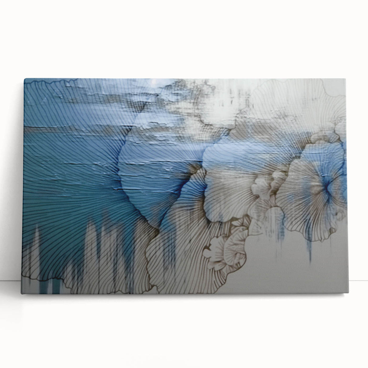 Abstract wall art featuring dynamic strokes and lines in vibrant hues of blue, yellow, and white, elegantly displayed on a stretched canvas, perfect for modern home decor.