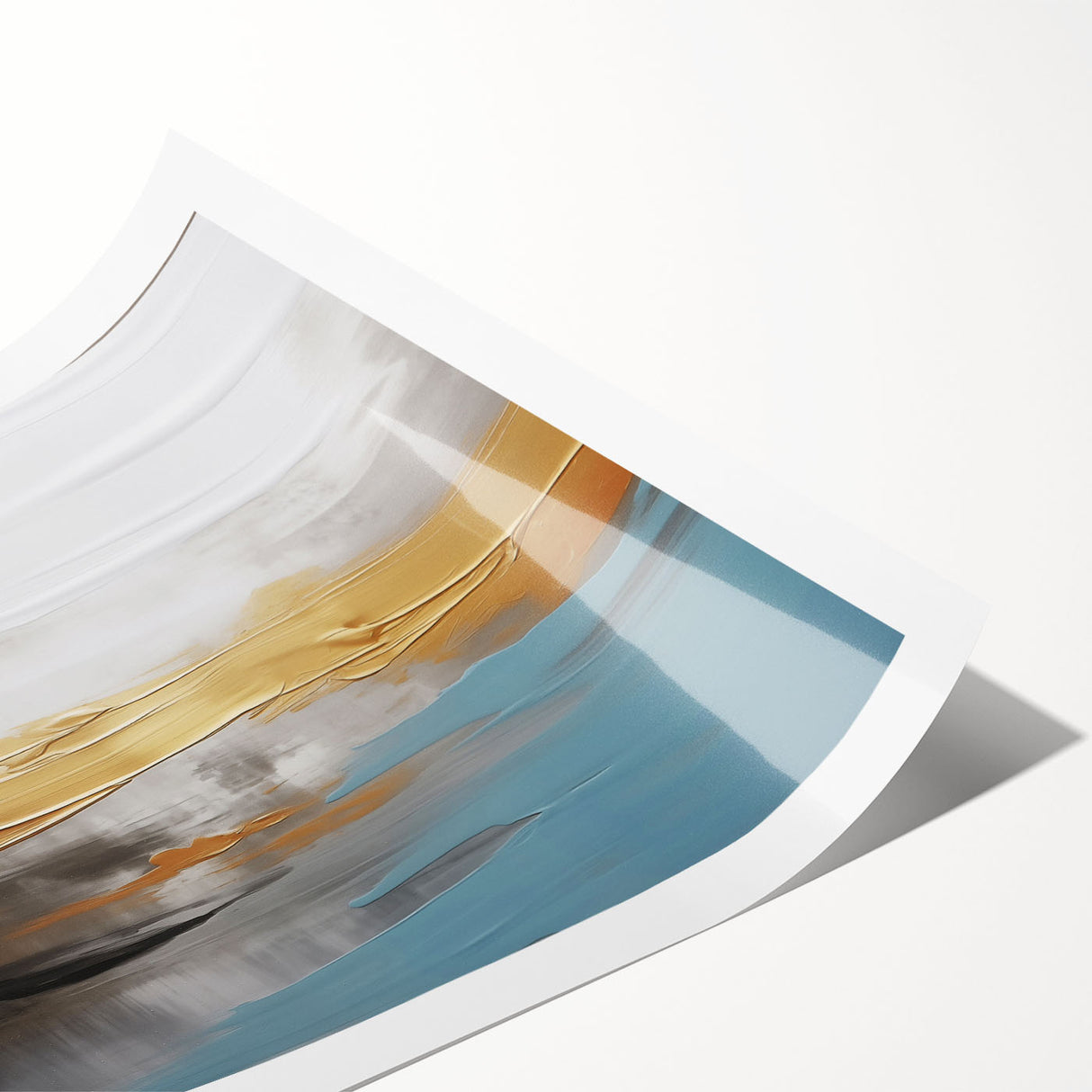 Abstract wall art print showcasing vibrant strokes and lines in a modern design, featuring a dynamic color palette of teal, gold, and white, perfect for contemporary decor.