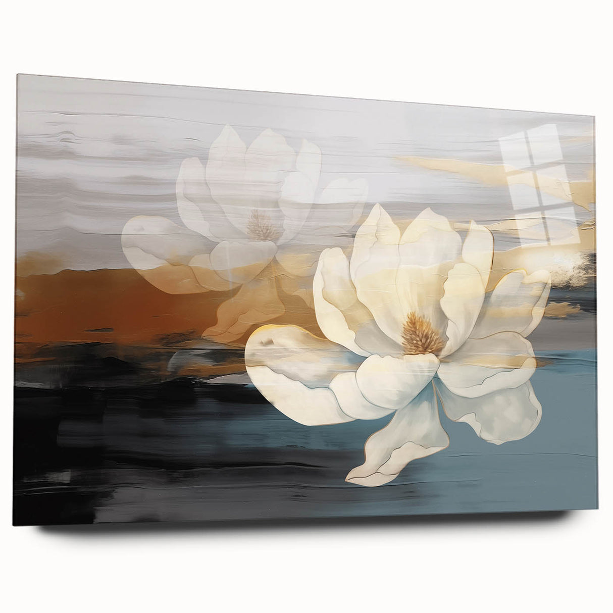 Abstract strokes and lines design on acrylic glass wall art, showcasing vibrant colors and modern aesthetics, ideal for contemporary home decor. This piece is displayed from a side view, highlighting its sleek finish and artistic appeal, perfect for adding a touch of sophistication to any room.