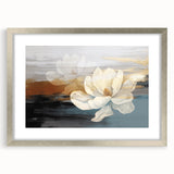 Abstract wall art featuring vibrant strokes and lines in shades of blue, gray, and gold, elegantly framed with a silver mat, perfect for modern decor.