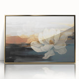 Framed abstract wall art featuring gold strokes and lines on a white background, showcasing modern design elements ideal for contemporary home decor.