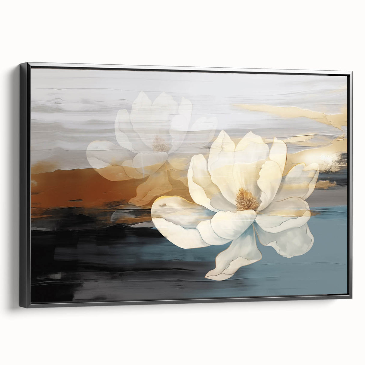 Framed canvas wall art displaying an abstract design of strokes and lines in a monochromatic color palette, viewed from the side, perfect for modern decor.