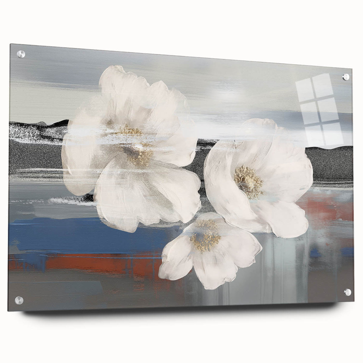 Abstract wall art featuring colorful strokes and lines, displayed in a sleek acrylic frame with pins, showcasing a modern design perfect for contemporary decor.