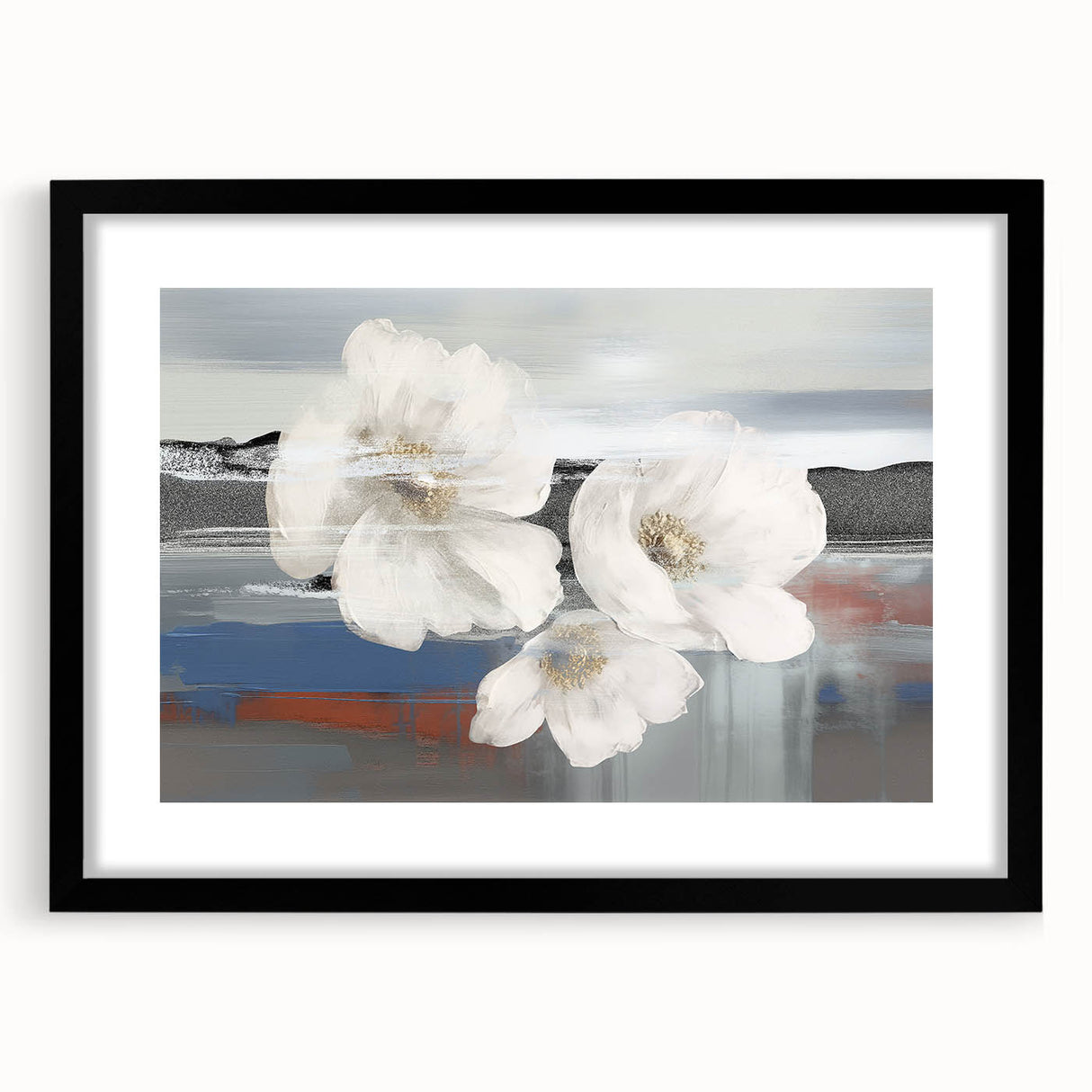 Abstract wall art featuring colorful strokes and lines in a modern design, framed with a black mat, perfect for contemporary home decor.