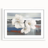 Abstract wall art featuring vibrant strokes and lines in shades of blue, yellow, and pink, elegantly framed with a white mat, perfect for modern decor.