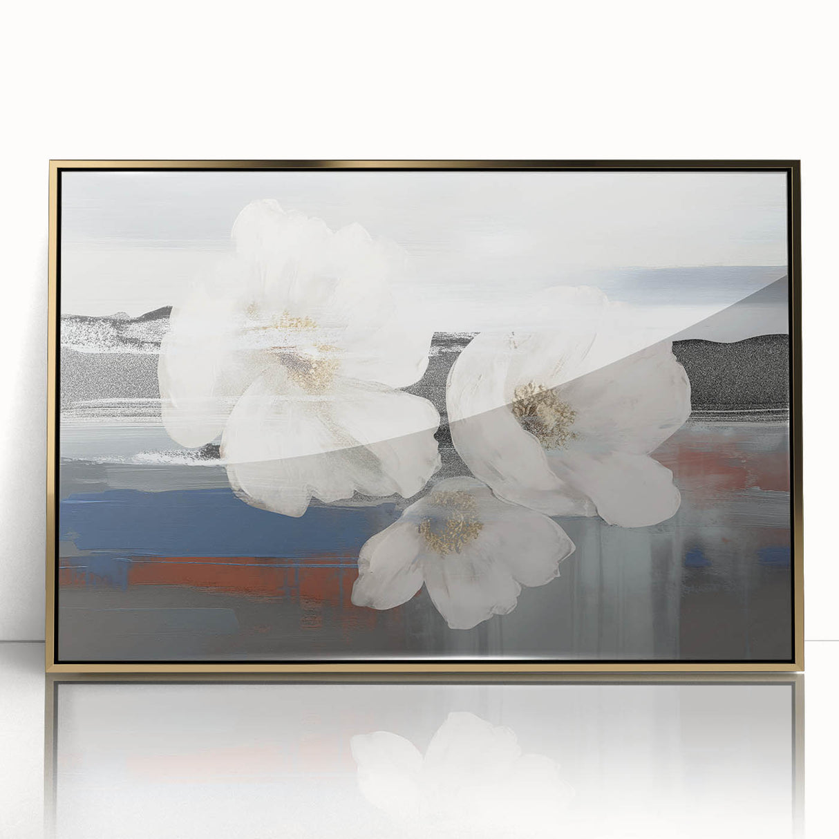Framed wall art showcasing an abstract design with gold strokes and lines on a white background, ideal for modern home decor. Perfect for adding elegance to any room.
