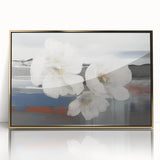 Framed wall art showcasing an abstract design with gold strokes and lines on a white background, ideal for modern home decor. Perfect for adding elegance to any room.