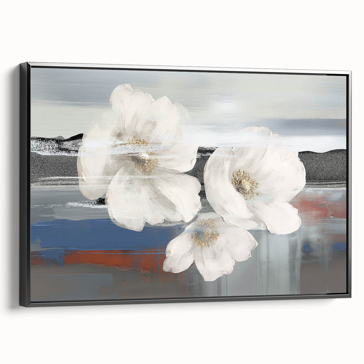 Framed canvas wall art showcasing an abstract design of strokes and lines in black and white, highlighting modern artistic flair. Side view emphasizes the sleek frame.