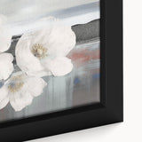 Close-up view of a framed canvas wall art piece showcasing an abstract design of vibrant strokes and lines in shades of blue, orange, and yellow, ideal for modern decor.