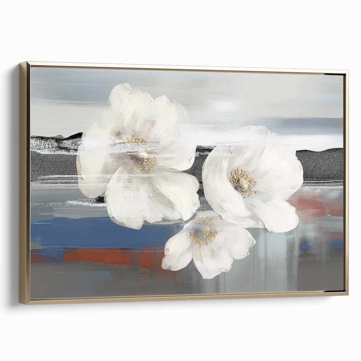 Framed canvas wall art showcasing an abstract design with dynamic gold strokes and lines, perfect for modern decor, enhancing any room's aesthetic.