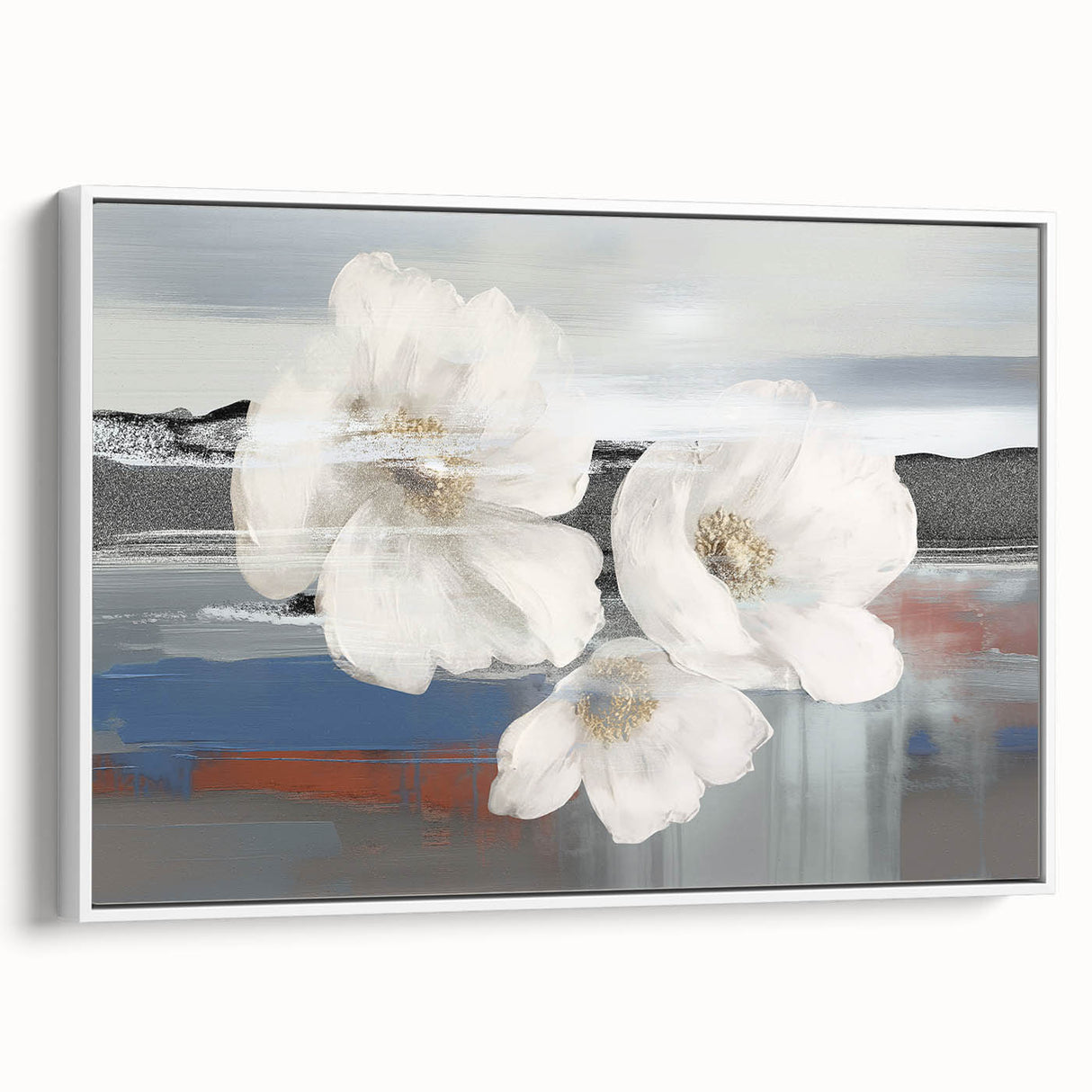 Framed canvas wall art showcasing an abstract design of colorful strokes and lines, featuring a white frame and a side view perspective, ideal for modern decor.
